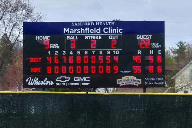 New scoreboard at Jack Hackman Field with the Wheelers Chevrolet GMC sign along the bottom